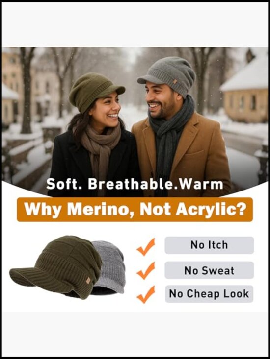 100% Merino Wool Fleece Lined Slouchy Beanie with Brim for Men Women main image 6